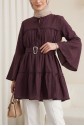 Cupra Tunic with Lace-Up Collar, Buckle, and Belt, Spanish Sleeves -Damson