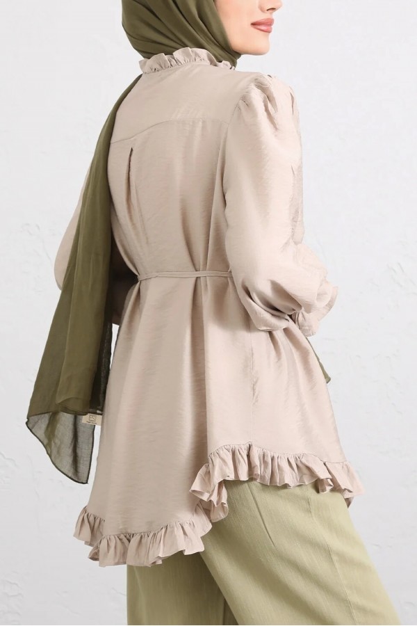 Cupra Tunic with Elasticated Sleeves, Ruffle Detail, and Drawstring Waist. - Beige