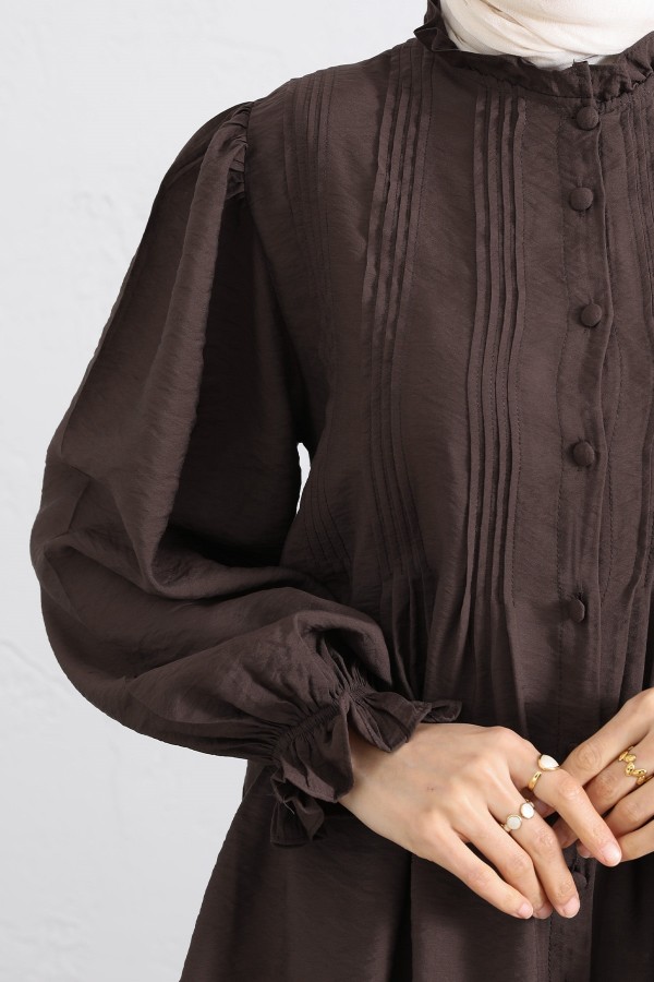 Cupra Tunic with Elasticated Sleeves, Ruffle Detail, and Drawstring Waist. -Dark Coffee
