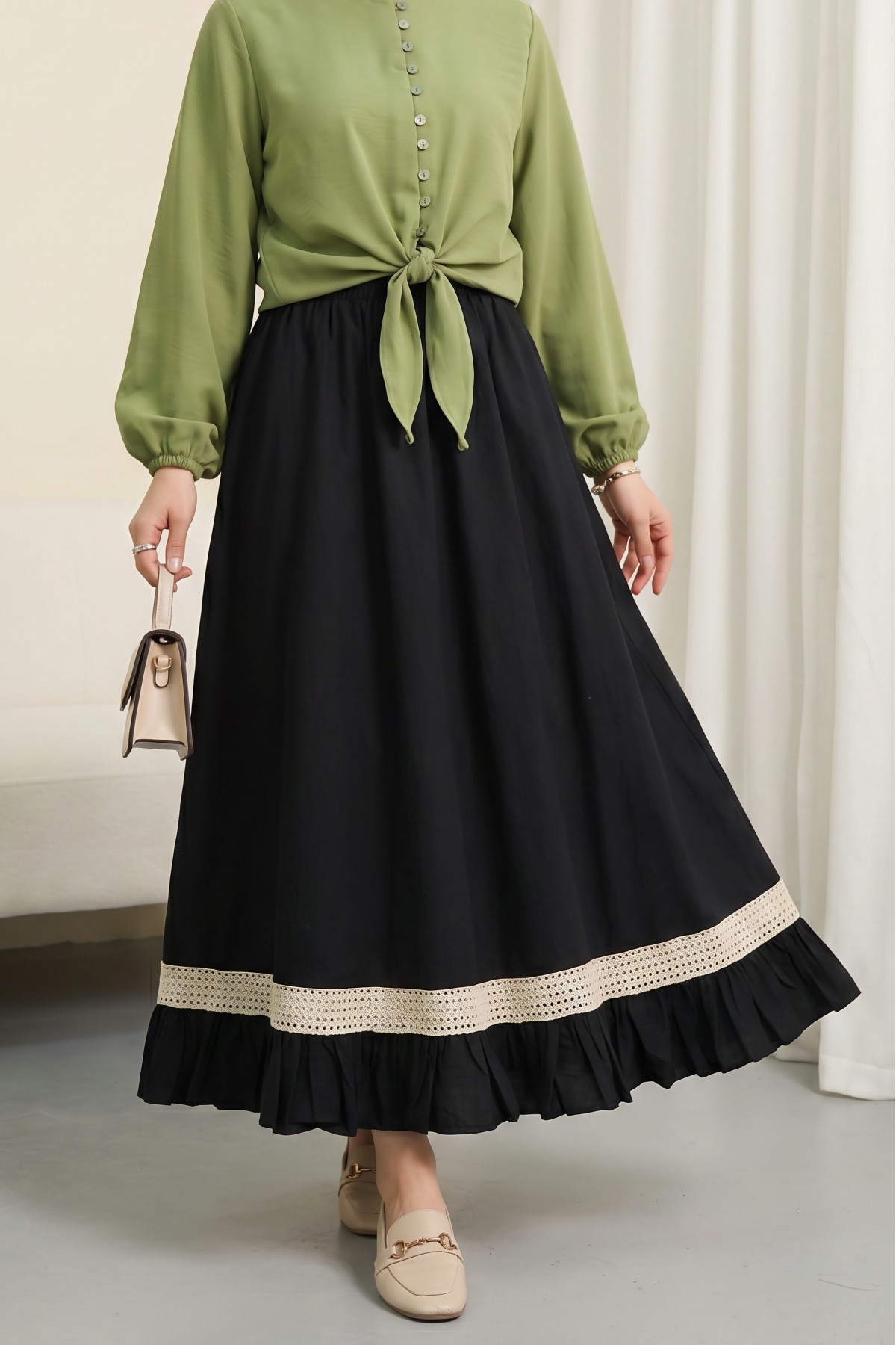 Elasticated Waist, Lace Detail, Ruffled Voile Skirt -Black