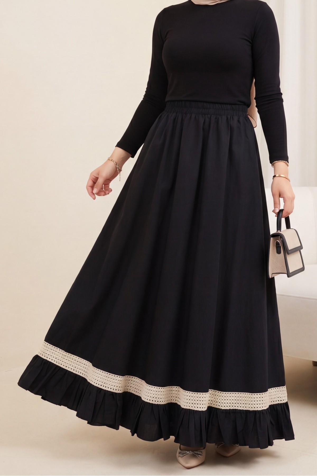 Elasticated Waist, Lace Detail, Ruffled Voile Skirt -Black