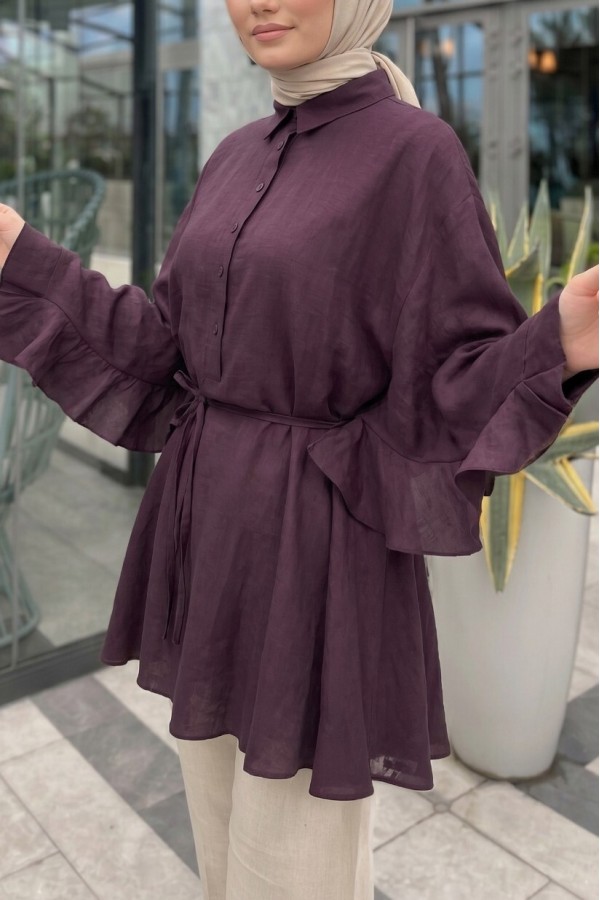 Düğmeli Kemerli Yarasa Kol Volanlı Oversize Modal Tunik  -Mürdüm