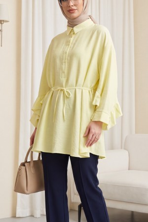 Buttoned Belted Batwing Sleeve Ruffled Oversize Modal Tunic -Yellow
