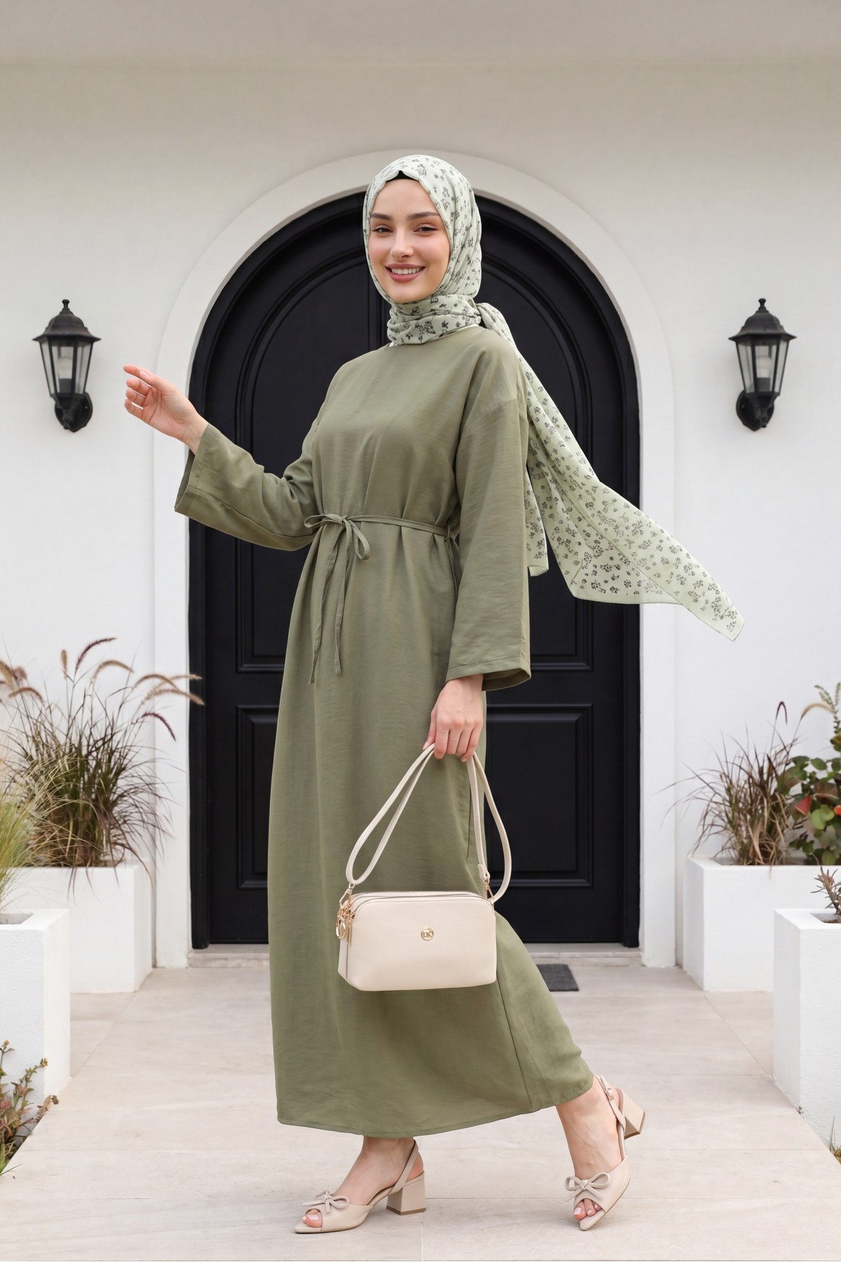 Linen Dress with Tied Waist and Back Zipper  -Khaki