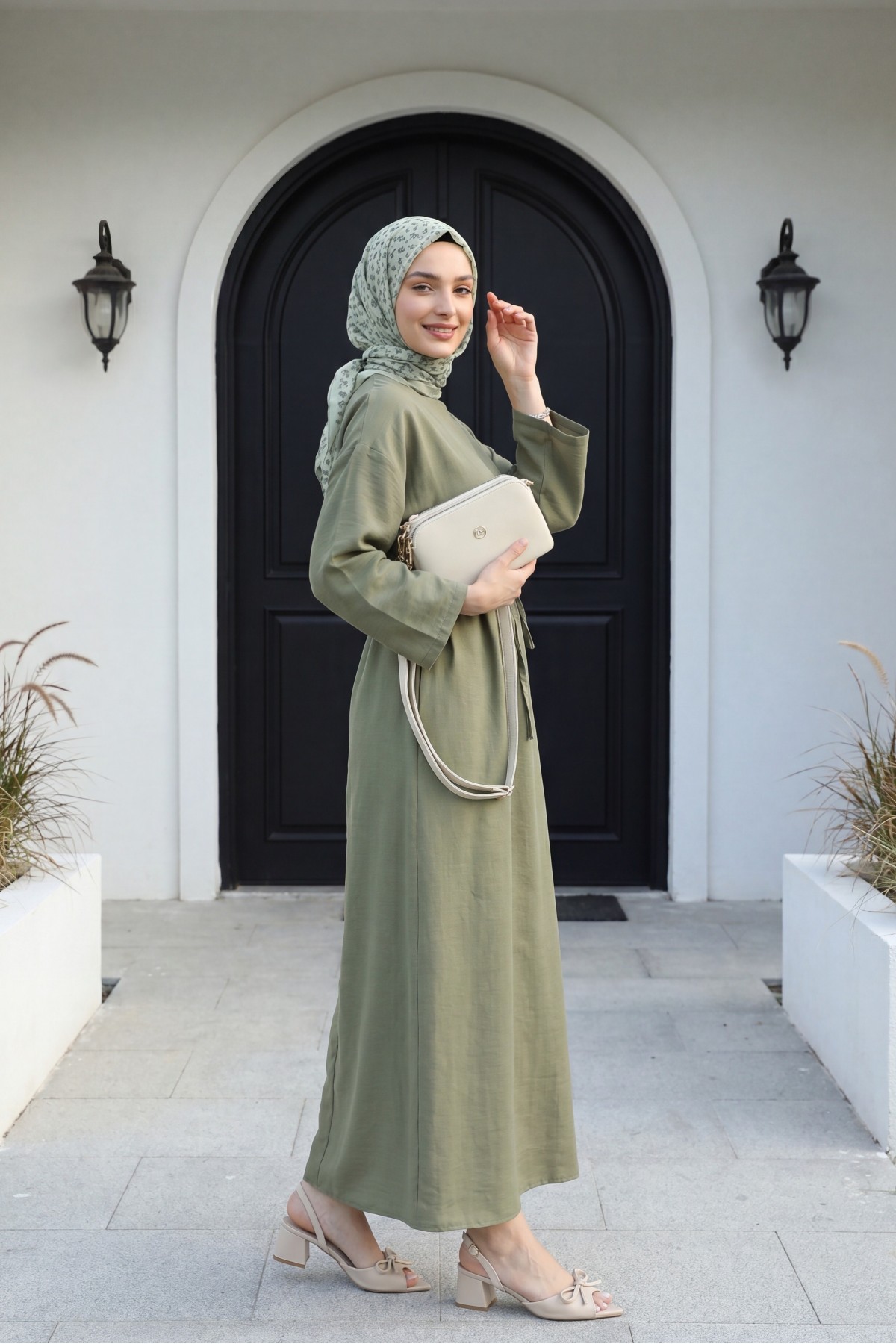 Linen Dress with Tied Waist and Back Zipper  -Khaki