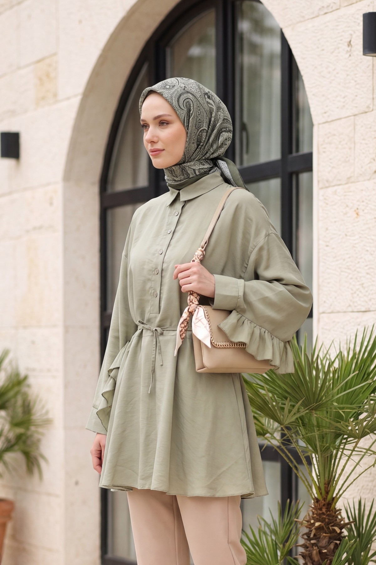 Buttoned Belted Batwing Sleeve Ruffled Oversize Modal Tunic  -Cagla Green