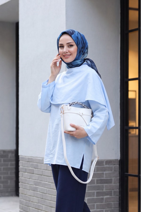 Çıkarılabilir Pelerinli Oversize Modal Tunik  -Bebe Mavi