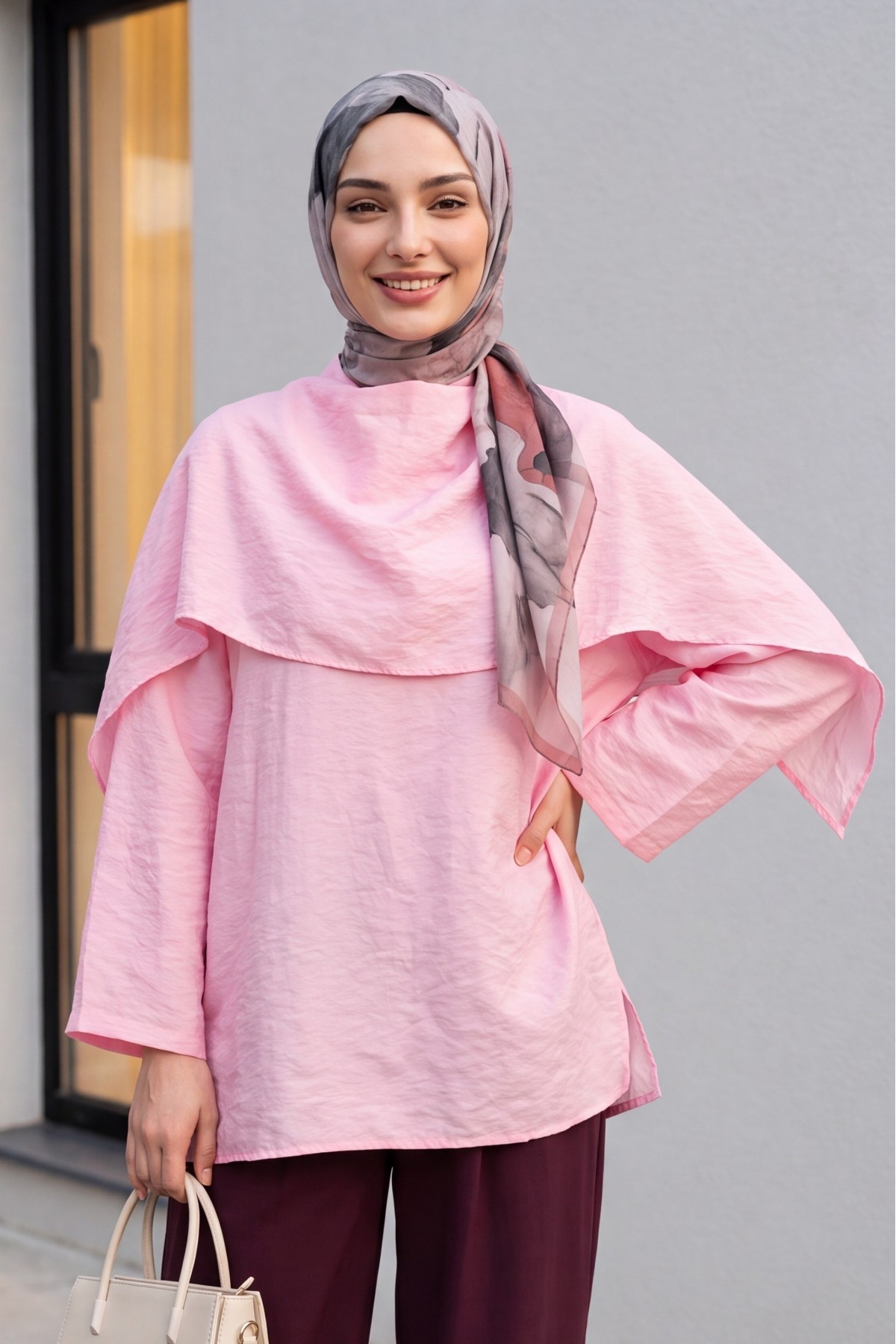 Çıkarılabilir Pelerinli Oversize Modal Tunik  -Pembe