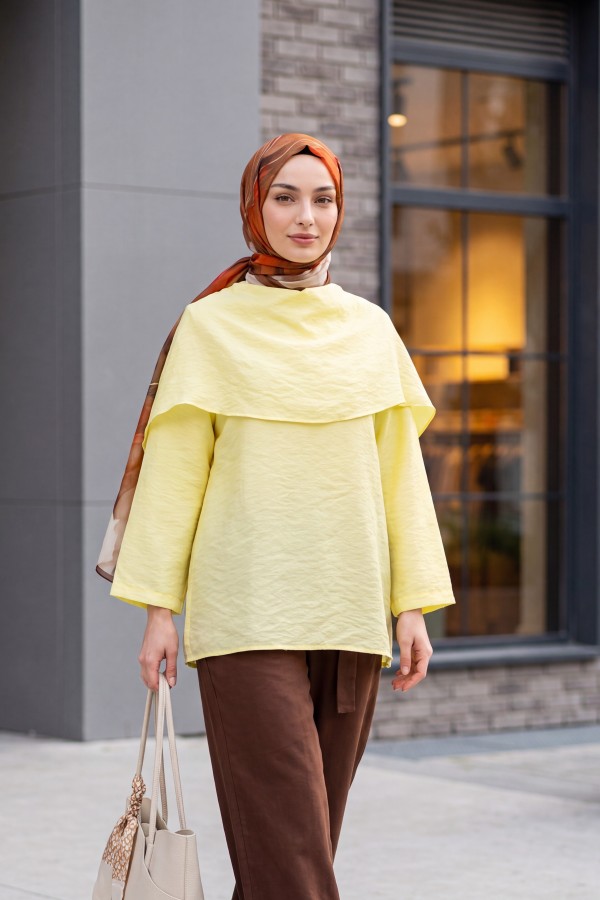 Çıkarılabilir Pelerinli Oversize Modal Tunik  -Sarı