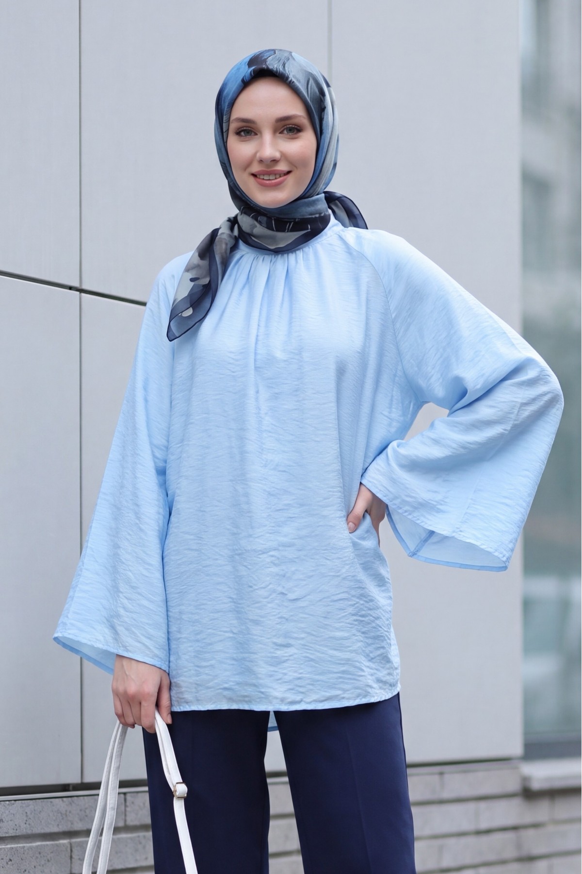 Mandarin Collar Belted Lined Spanish Sleeve Oversize Lyocell Tunic -Baby Blue