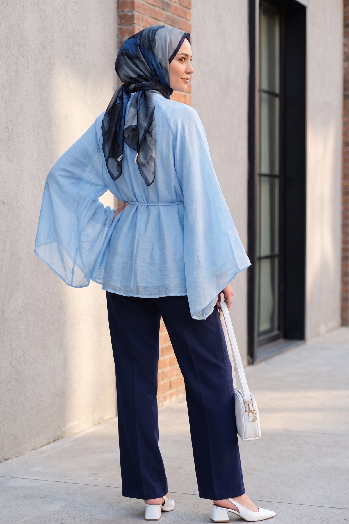 Mandarin Collar Belted Lined Spanish Sleeve Oversize Lyocell Tunic -Baby Blue