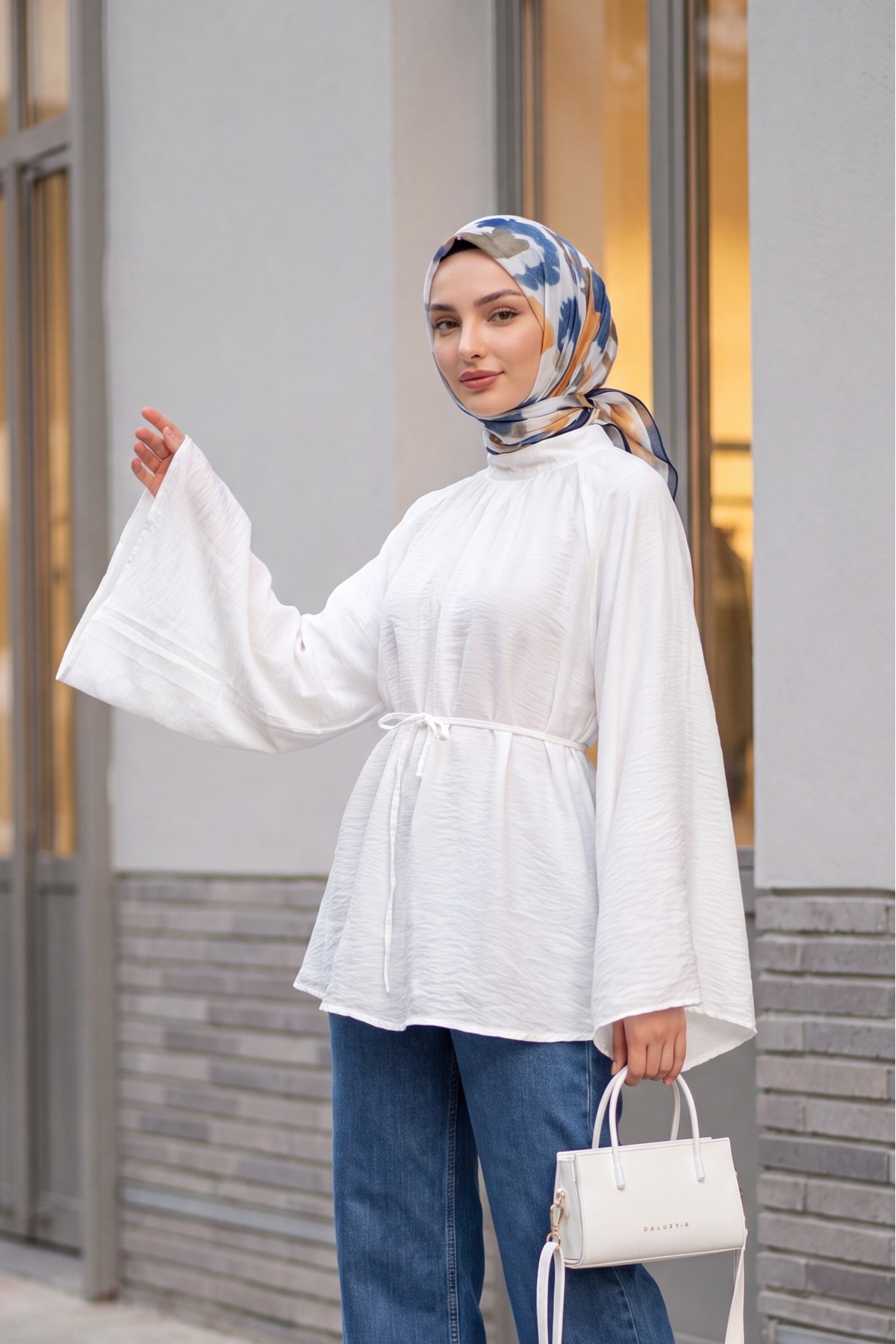 Mandarin Collar Belted Lined Spanish Sleeve Oversize Lyocell Tunic -White