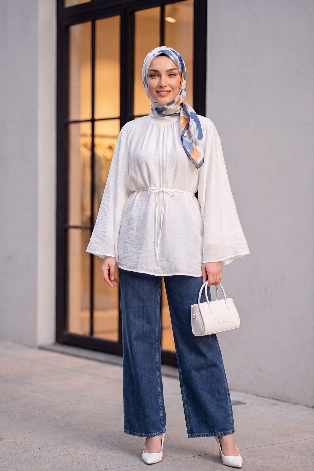 Mandarin Collar Belted Lined Spanish Sleeve Oversize Lyocell Tunic -White