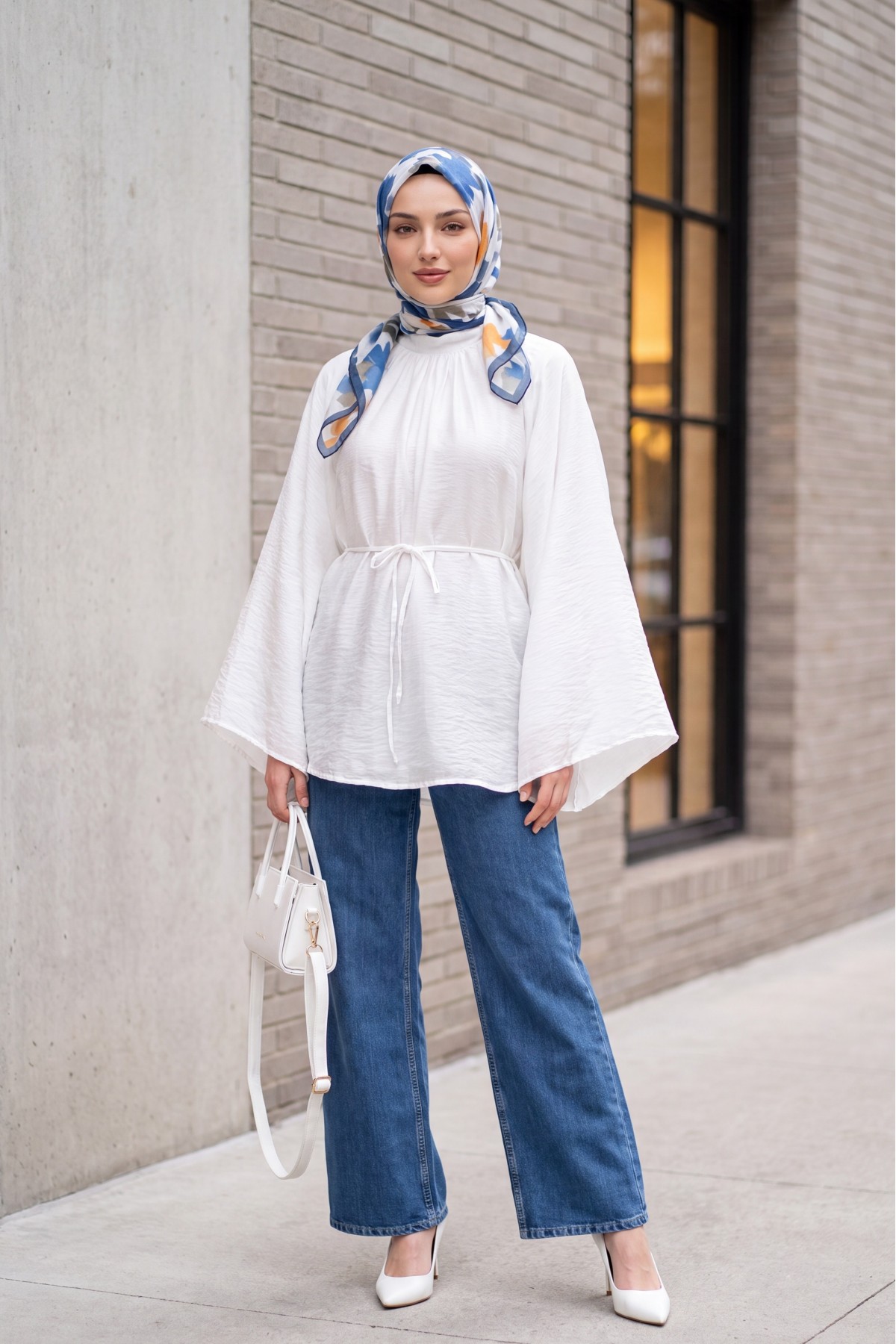 Mandarin Collar Belted Lined Spanish Sleeve Oversize Lyocell Tunic -White detay görseli