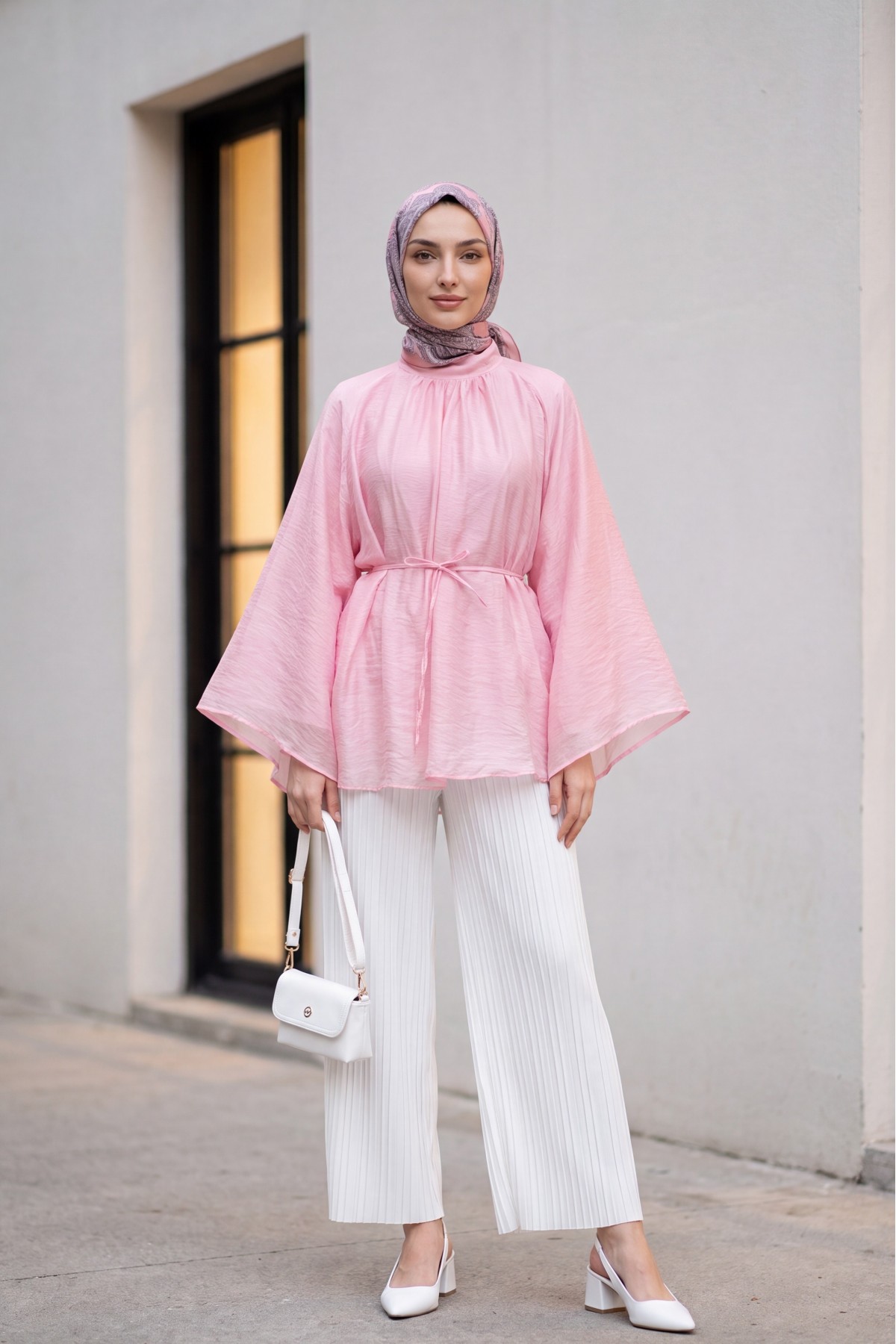 Mandarin Collar Belted Lined Spanish Sleeve Oversize Lyocell Tunic -Pink detay görseli