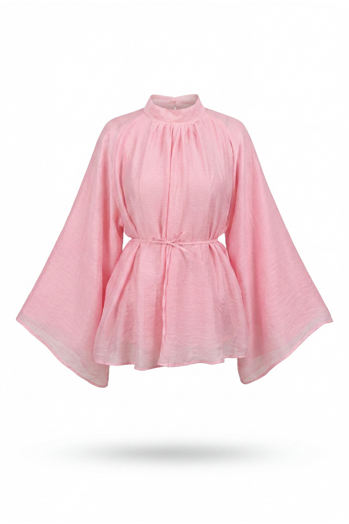 Mandarin Collar Belted Lined Spanish Sleeve Oversize Lyocell Tunic -Pink