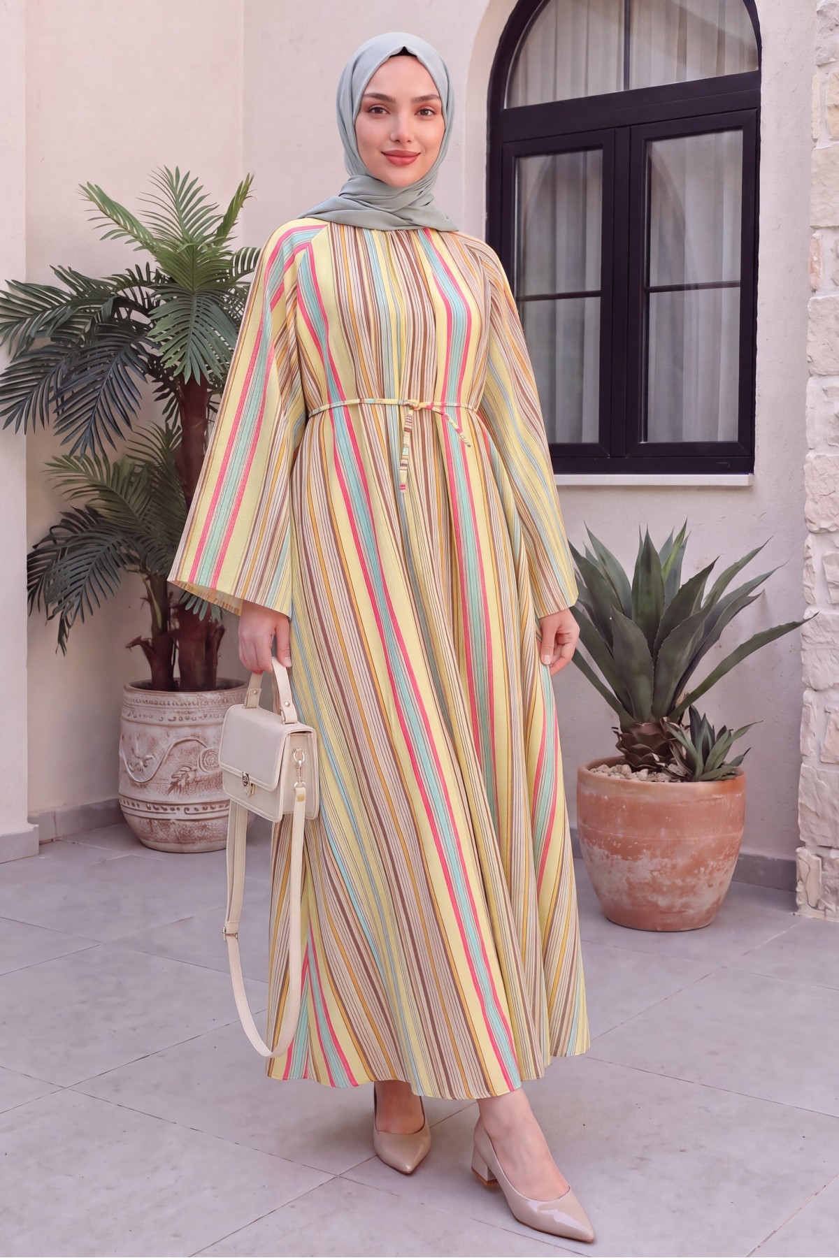 Mandarin Collar Belted Patterned Polyviscose Dress -Yellow