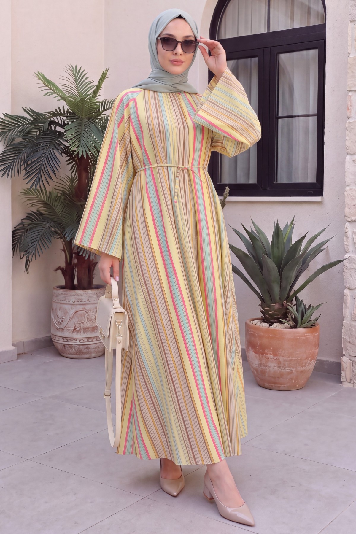 Mandarin Collar Belted Patterned Polyviscose Dress -Yellow