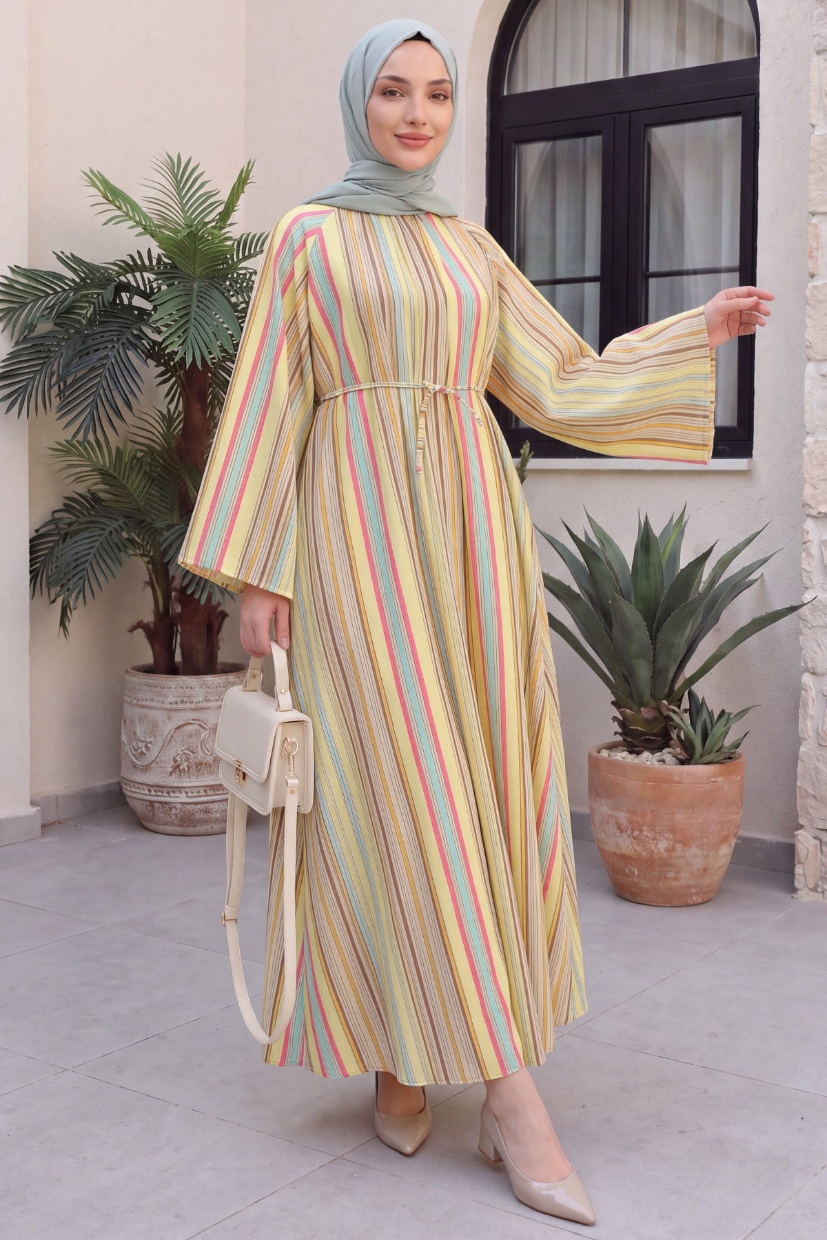 Mandarin Collar Belted Patterned Polyviscose Dress -Yellow