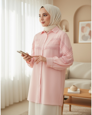 Button Down Shoulder And Front Scalloped Shirt  -Powder