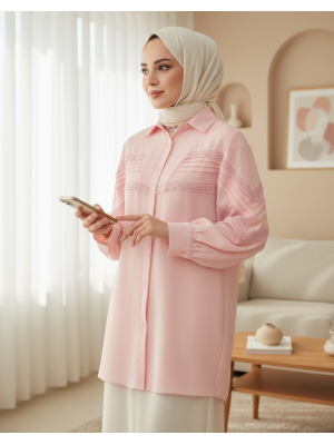 Boydan Düğmeli Omuzu  Ve Önü Fistolu Gömlek  -Pudra