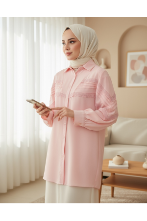 Boydan Düğmeli Omuzu  Ve Önü Fistolu Gömlek  -Pudra