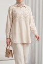Lace Embroidered Skirt Button Detailed Shirt - Beige