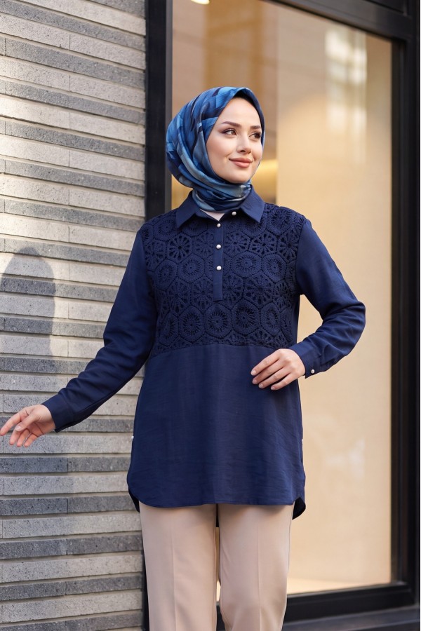 Lace Embroidered Skirt Button Detailed Shirt   -Navy blue