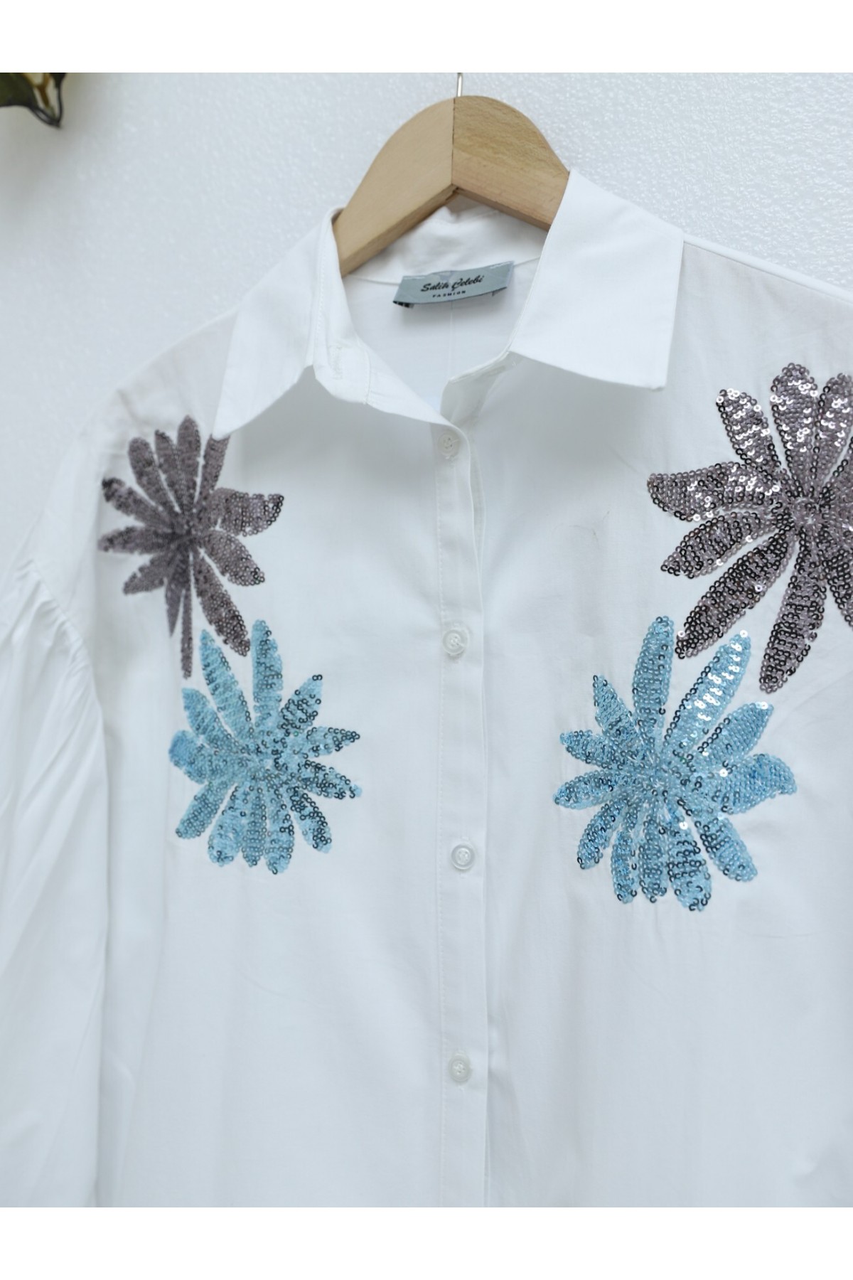 Sequin Embroidered Cotton Poplin Shirt -White