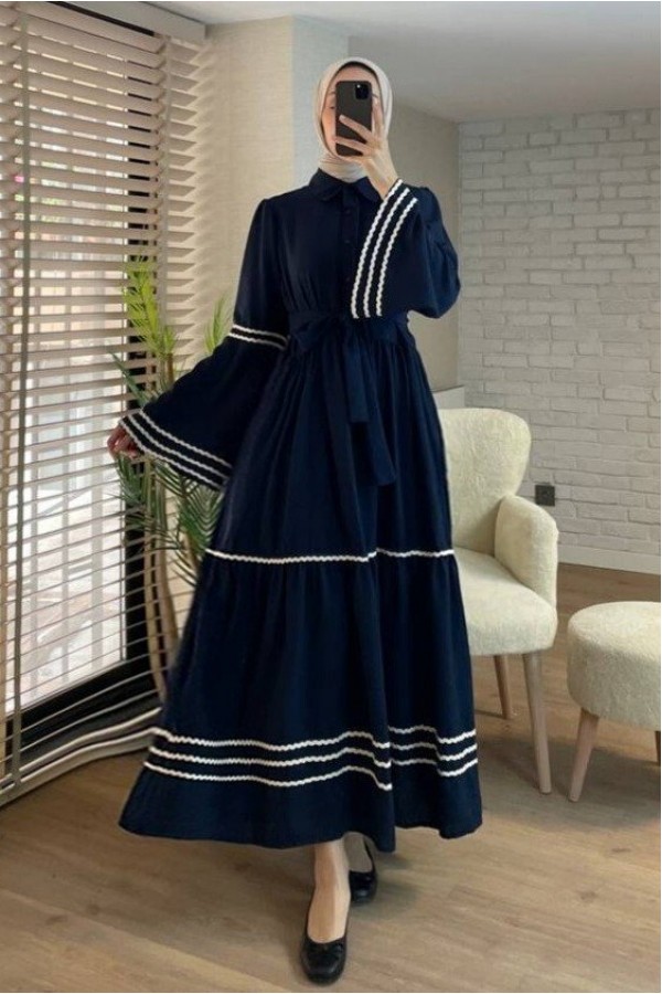 Partial Dress with embroidered sleeves and skirt -Navy blue