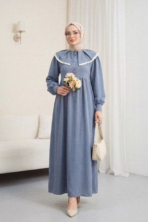 Önlük Yaka Büzgülü Yarım Düğme Keten Elbise  -Gri