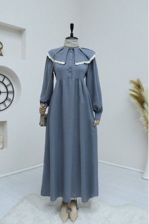 Önlük Yaka Büzgülü Yarım Düğme Keten Elbise  -Gri