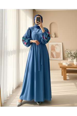 Kolları Balon Süzene İşlemeli Kemerli Elbise  -Koyu Mavi