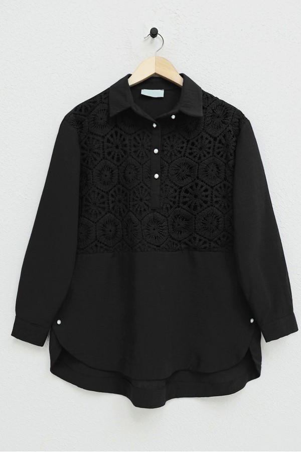 Lace Embroidered Skirt Button Detailed Shirt    -Black