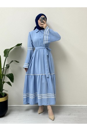 Kolları ve eteği süzene işlemeli Parçalı Elbise    -Bebe Mavi