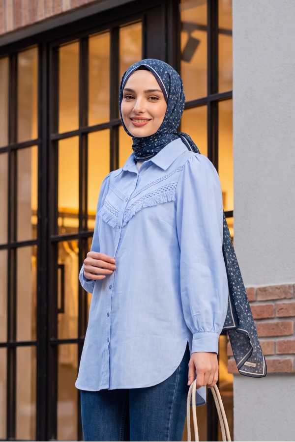 Raw Linen Balloon Sleeve Shirt with Guipure Tassels   -Baby Blue