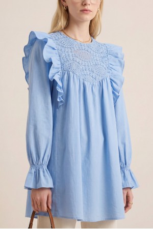 Omuz Fırfırlı Robası Dantel İşlemeli Poplin Tunik  -Mavi