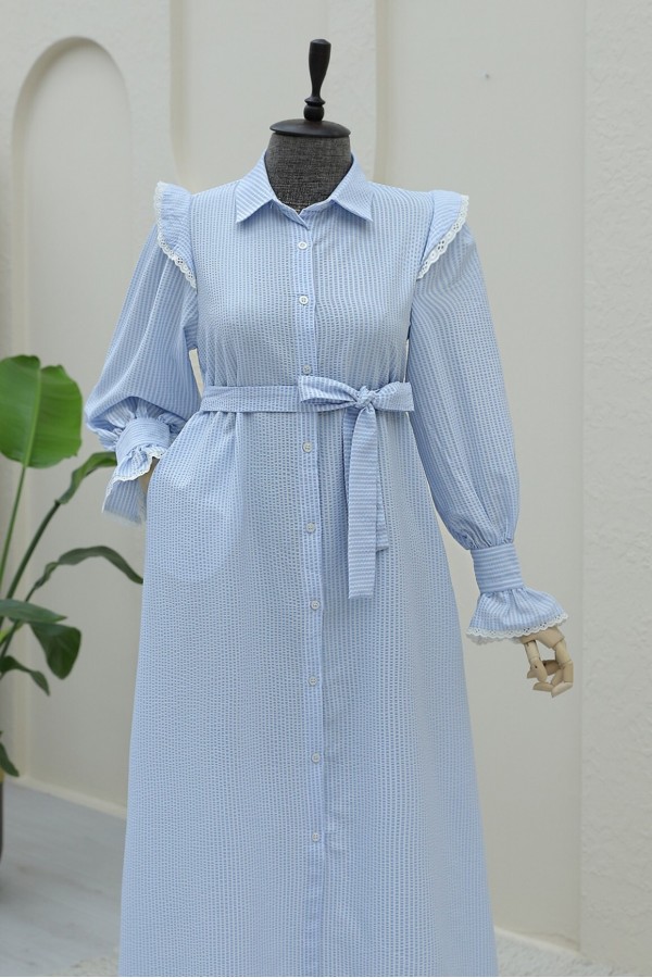 Buttoned Front Lace Detailed Belted Dress -Baby Blue