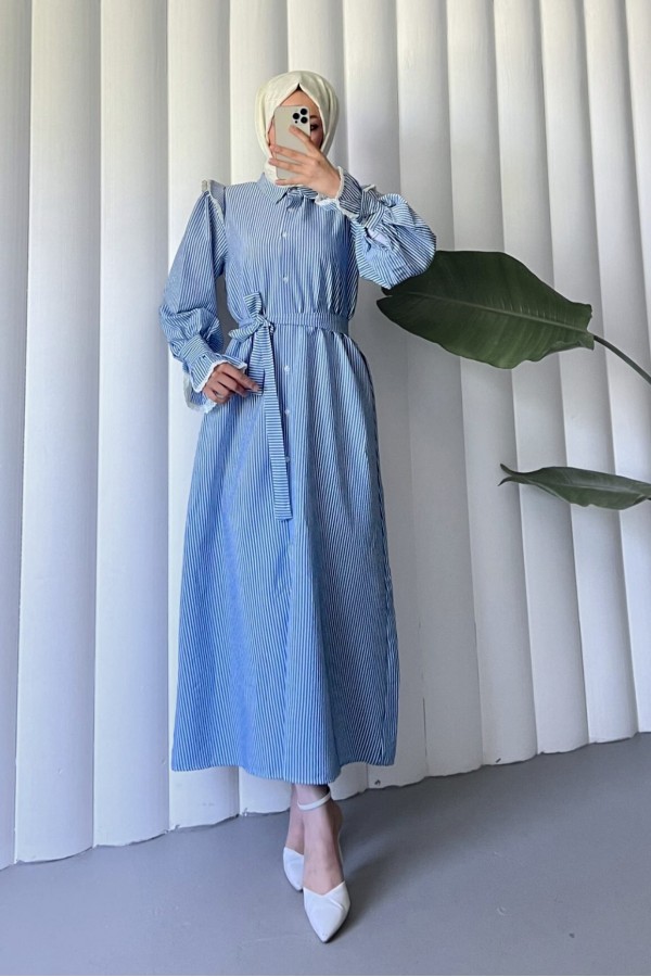 Buttoned Front Lace Detailed Belted Dress -İndigo
