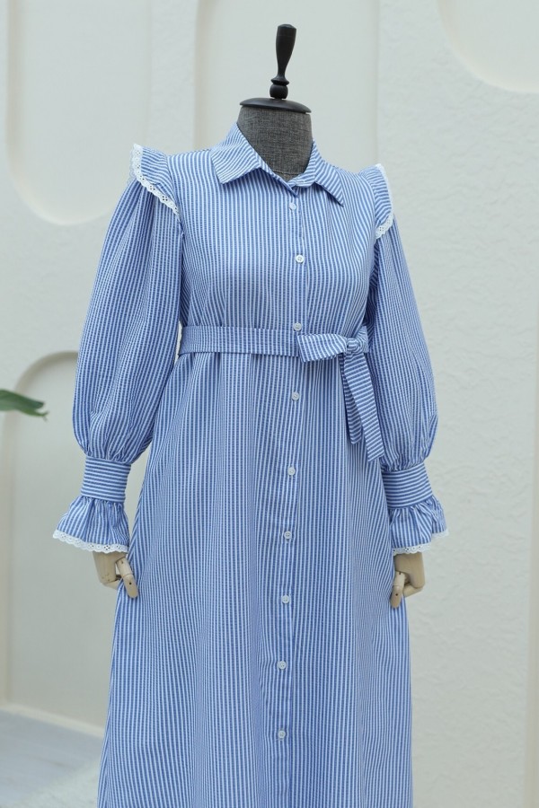 Buttoned Front Lace Detailed Belted Dress -İndigo