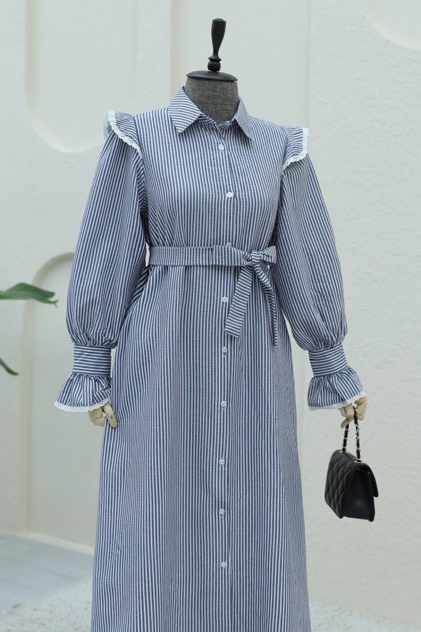 Buttoned Front Lace Detailed Belted Dress -Navy blue
