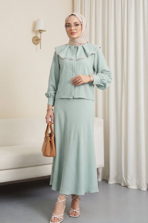 Dantelli Marul Yaka Saf Keten Etekli Takım  -Su Yeşili