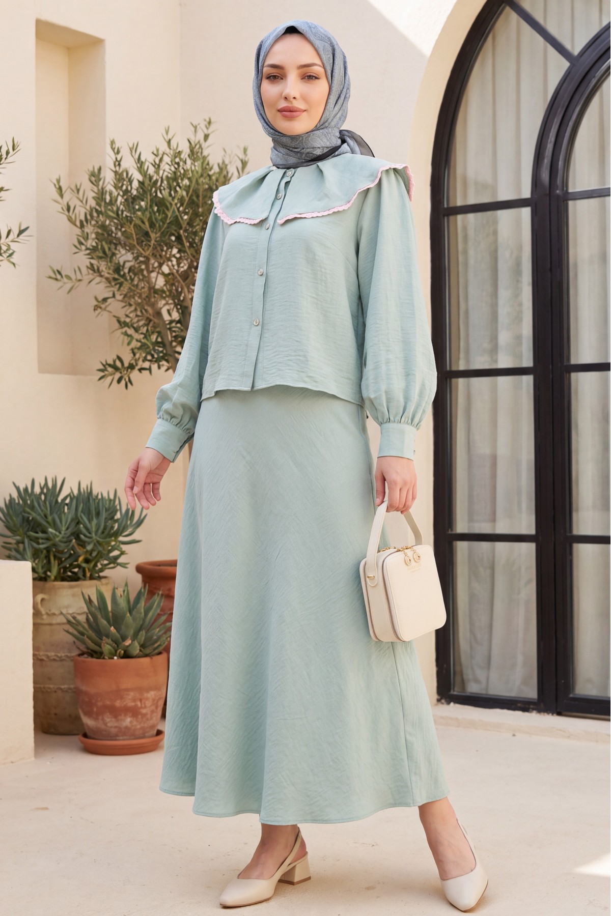 Lace Lettuce Collar Pure Linen Skirt Suit   -Sea green