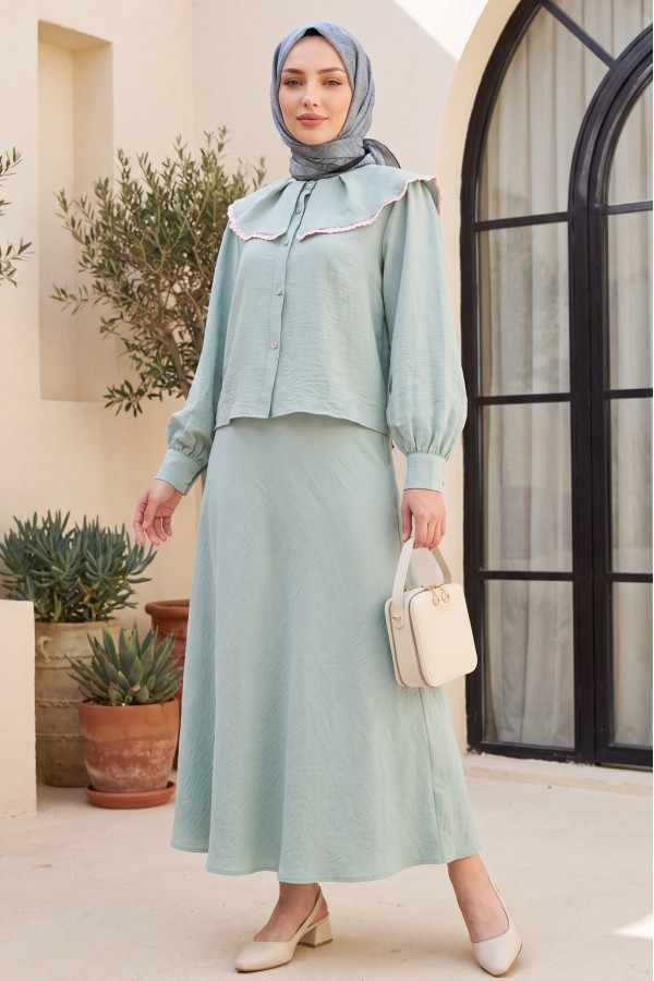 Lace Lettuce Collar Pure Linen Skirt Suit   -Sea green