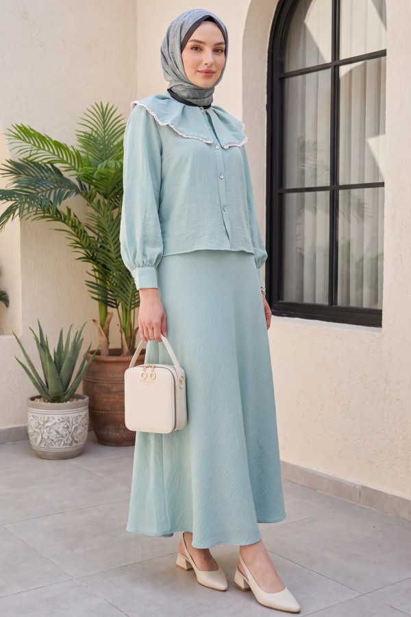 Lace Lettuce Collar Pure Linen Skirt Suit   -Sea green