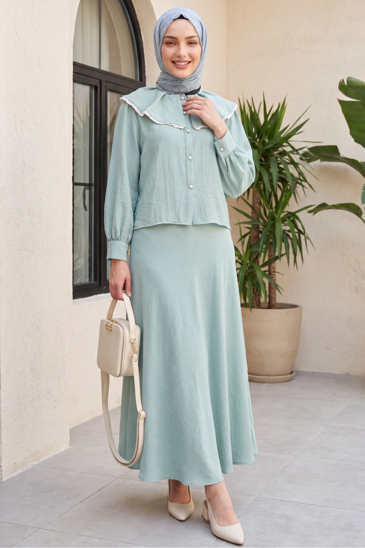 Lace Lettuce Collar Pure Linen Skirt Suit   -Sea green