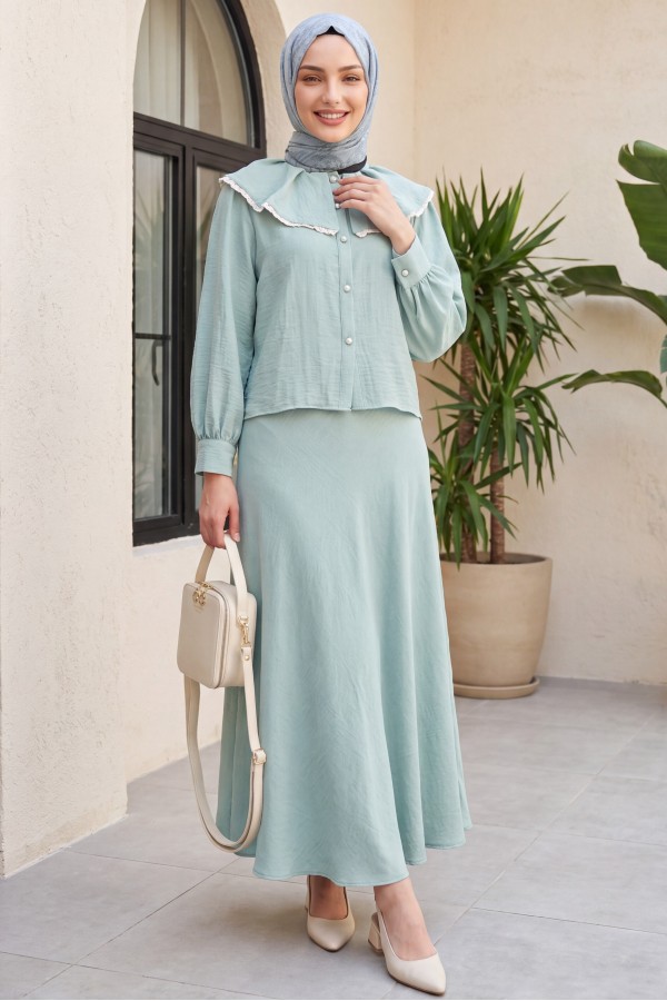 Lace Lettuce Collar Pure Linen Skirt Suit   -Sea green