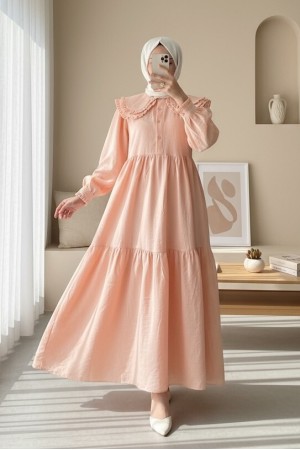 Bebe Yaka Fırfırlı Parçalı İthal Keten Elbise   -Yavruağzı