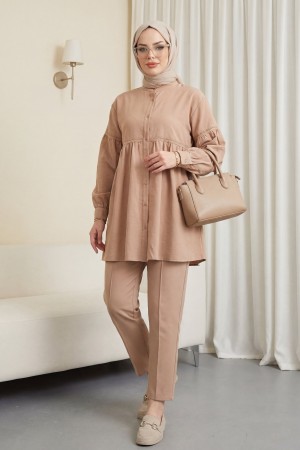 Robadan Büzgülü Dantel İşlemeli Keten Takım    -Karamel