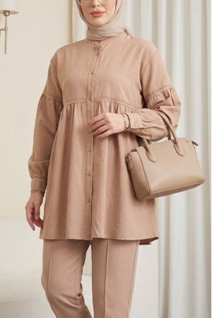Gathered Lace Embroidered Linen Set    -Caramel